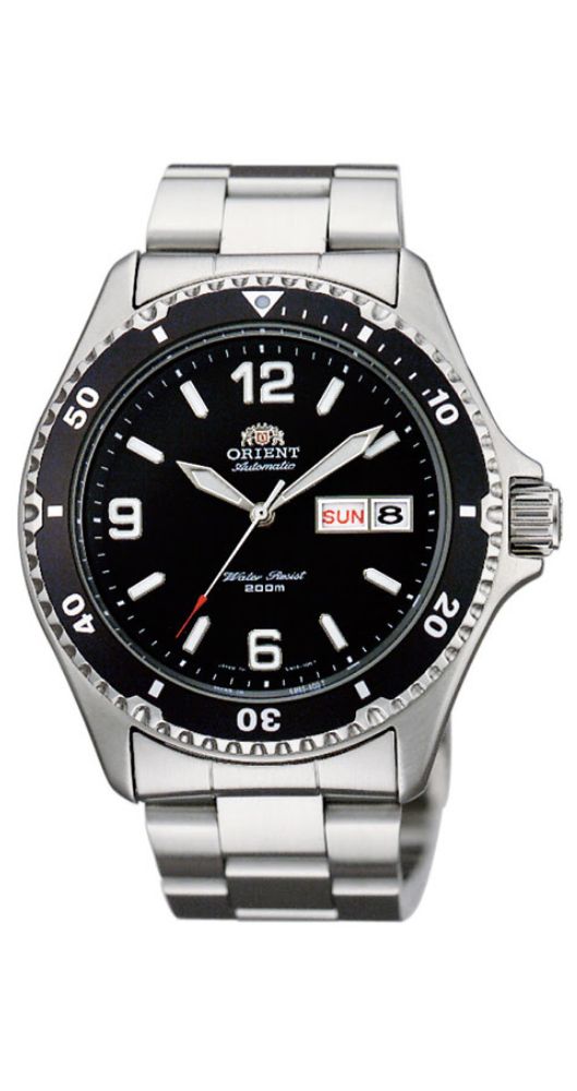 Reloj Orient FAA02001B9 para hombre, AUTOMÁTICO, con esfera negra e índices y manillas luminiscentes. Caja y armis de acero inoxidable. Bisel en color negro. Calendario para día de la semana y mes. Sumergible 200 metros. Garantía de 2 años.