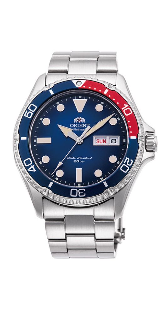 Reloj Orient AA0812L19B para hombre, AUTOMÁTICO, se carga con el movimiento, cristal mineral, esfera azul con índides y manillas luminiscentes, caja y armis de acero inoxidable, bisel rojo y azul, sumergible 200 metros y garantía de 2 años.