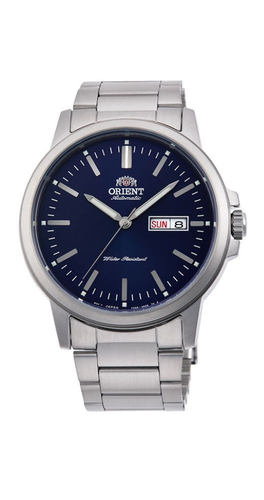 Reloj Orient RA-AA0C02L19B para hombre, con caja y armis de acero inox, fondo con cristal para ver maquinaria automática, esfera azul, calendario para día de la semana y del mes, cierre con pulsadores, sumergible 50 metros y garantía de 2 años.