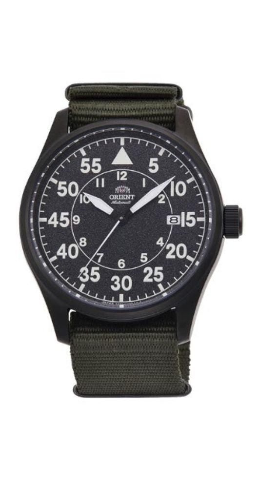 Reloj Orient AC0H02N10B para hombre, automático, con esfera negra e índices y manillas en blanco. Caja de acero inoxidable pavonado negro y correa de nylon verde. Calendario. Sumergible 100 metros. Garantía de 2 años.