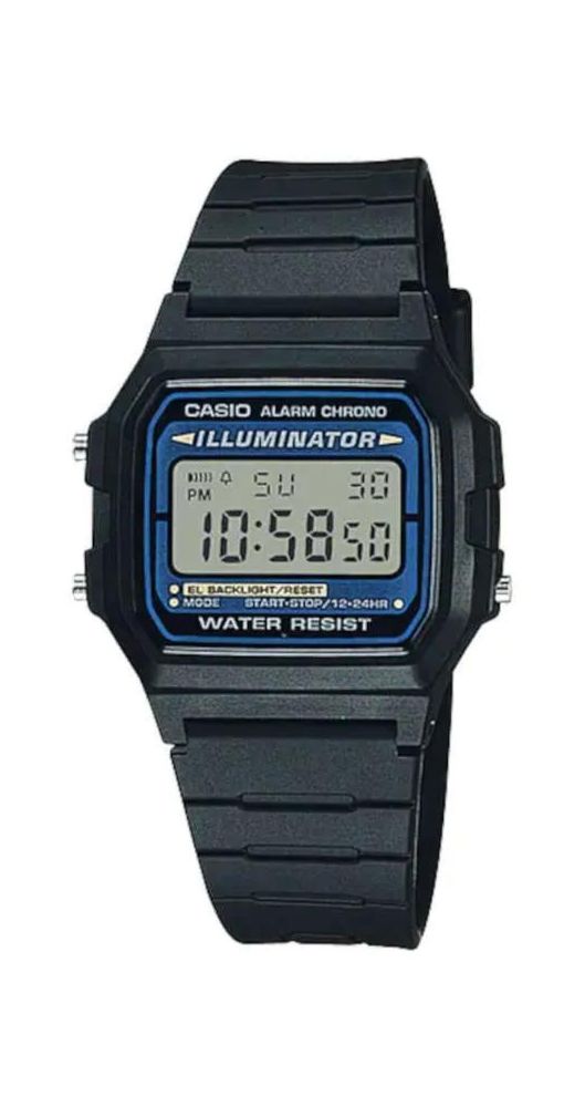 Reloj Casio Collection F-105W-1AWYEF crono-alarma, con calendario, caja y correa de resina negra, luz y garantía de 2 años.