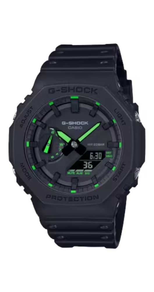 Reloj Casio G-SHOCK GA-2100-1A3ER con crono-alarma, cuenta atrás, hora mundial, esfera negra con manillas e índices verdes, caja y armis de resina reforzada negra, a prueba de golpes, sumergible 50 metros, calendario, 12/24 horas y garantía de 2 años.