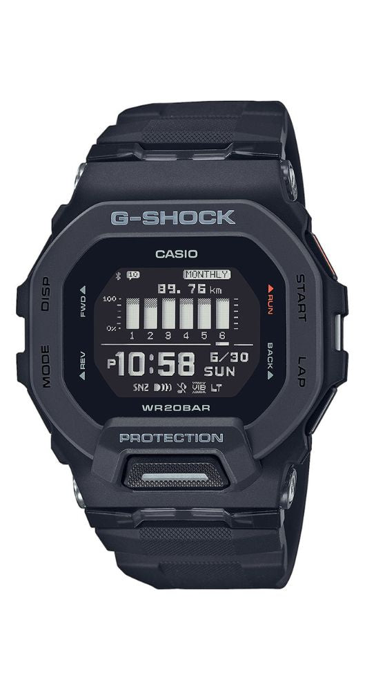 Reloj Casio G-SHOCK GBD-200-1ER con BLUETOOTH, con cristal mineral, caja y correa de resina negra, con función de entrenamiento, cronómetro, cuenta atrás, calendario automático, hora universal, sumergible 200 metros, con super AUTO LED, 4 alarmas y garantía de 2 años.