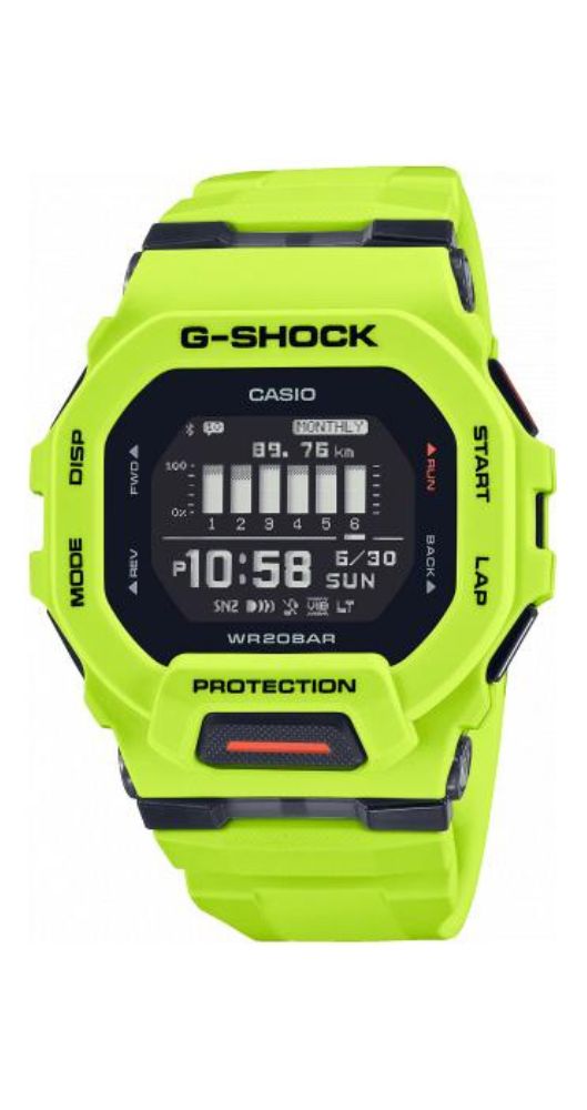 Reloj Casio G-SHOCK GBD-200-9ER con BLUETOOTH SMART, que se conecta al móvil, función de entrenamiento, cristal mineral, caja y correa de resina amarilla fosforescente, digital, crono-alarma, cuenta atrás, hora mundial, calendario automático, 12/24 horas, sumergible 200 m y garantía de 2 años.