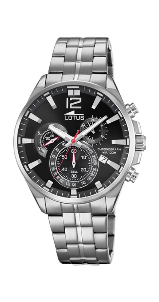 Reloj Lotus L10136/4 con crono, para hombre, calendario, esfera negra, caja y armis de acero inoxidable, sumergible 100 metros y garantía de 2 años.