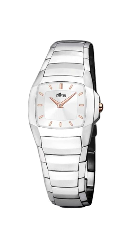 Reloj Lotus L15316/G SHINY para mujer, con esfera blanca e índices cobrizos. Caja y armis de acero inox acabado en brillo, cierre con pulsadores, sumergible 50 metros. Garantía de 2 años.