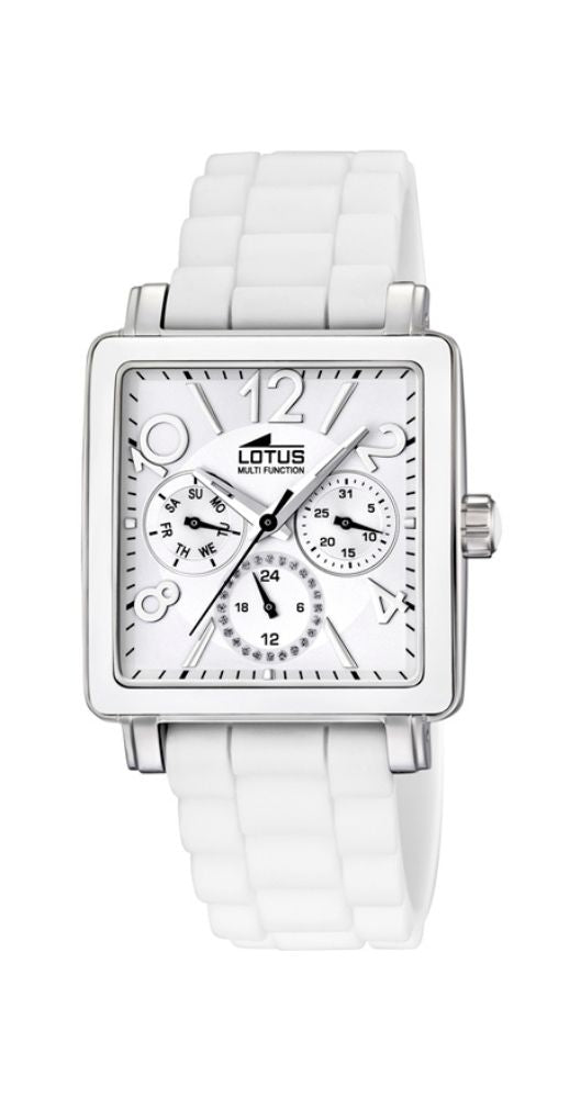 Reloj Lotus L15740/1 multifunción con el día del mes, de la semana y reloj 24 horas, con bisel cerámico irrayable blanco, caja de acero inox y correa de caucho blanca. Esfera blanca. Sumergible 50 metros y 2 años de garantía.