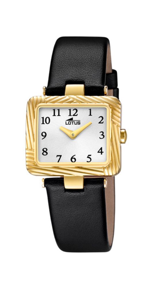 Reloj Lotus L15841/C para mujer, diseño clásico y sencillo. Esfera blanca con números arábigos negros de fácil lectura. Caja de acero inox pavonado DORADO, correa de piel lisa negra, sumergible 50 metros y garantía de 2 años.