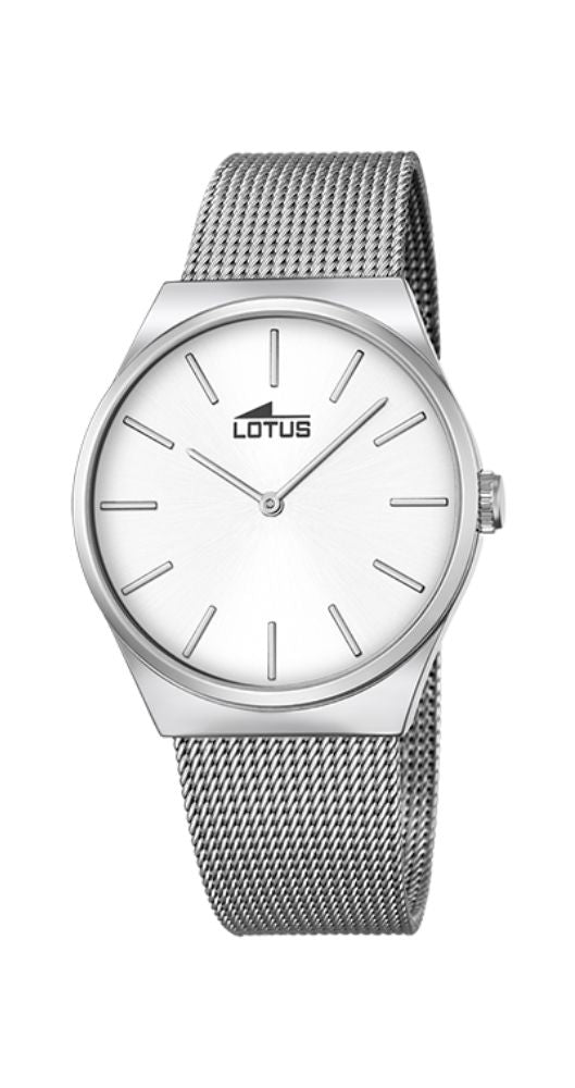 Reloj Lotus L18285/1 para hombre con un diseño elegante y clásico, esfera blanca con índices plateados, cristal mineral, caja y armis tipo malla de acero inox, cierre regulable, sumergible 50 metros y garantía de 2 años.