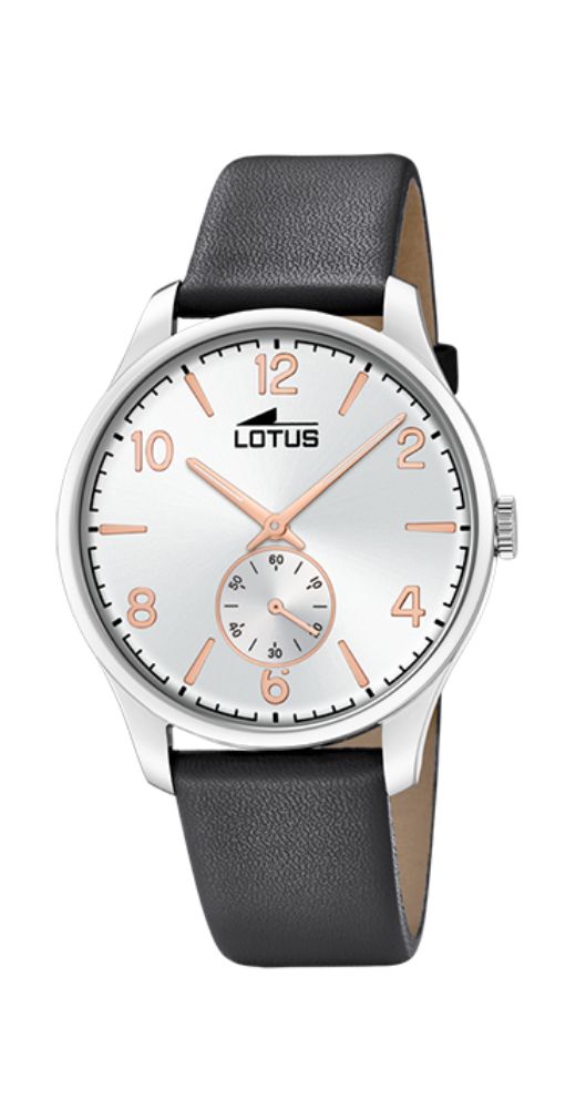 Reloj Lotus L18357/2 para hombre, VINTAGE, RETRO, con esfera blanca y detalles en cobrizo, segundero en multiesfera a las 6, caja de acero inox, correa de piel negra lisa, sumergible 50 metros y garantía de 2 años.