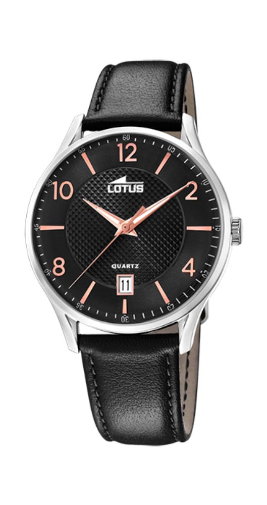 Reloj Lotus L18402/F VINTAGE para hombre con esfera negra y manillas e índices cobrizos, caja de acero inoxidable y correa de piel negra lisa con pespuntes. Calendario y sumergible 50 metros. Garantía de 2 años.