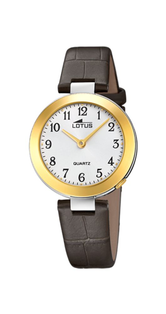 Reloj Lotus L18484/3 para mujer con esfera blanca y números en negro, caja de acero inox con bisel de PVD dorado y correa de piel labrada marrón, sumergible 50 metros y garantía de 2 años.