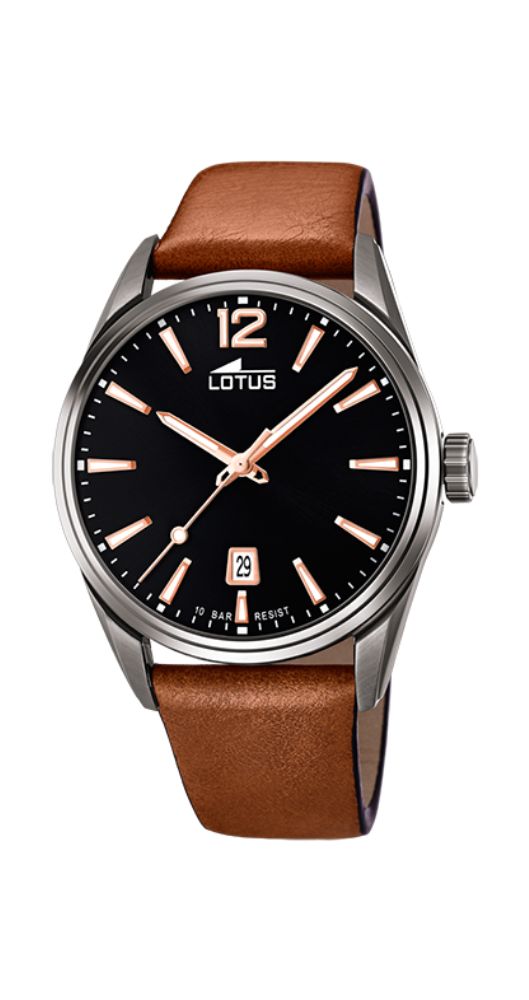 Reloj Lotus L18685/2 para hombre, de PVD negro y correa de piel marrón lisa. Esfera negra con calendario a las 6. Sumergible 100 metros y garantía de 2 años.