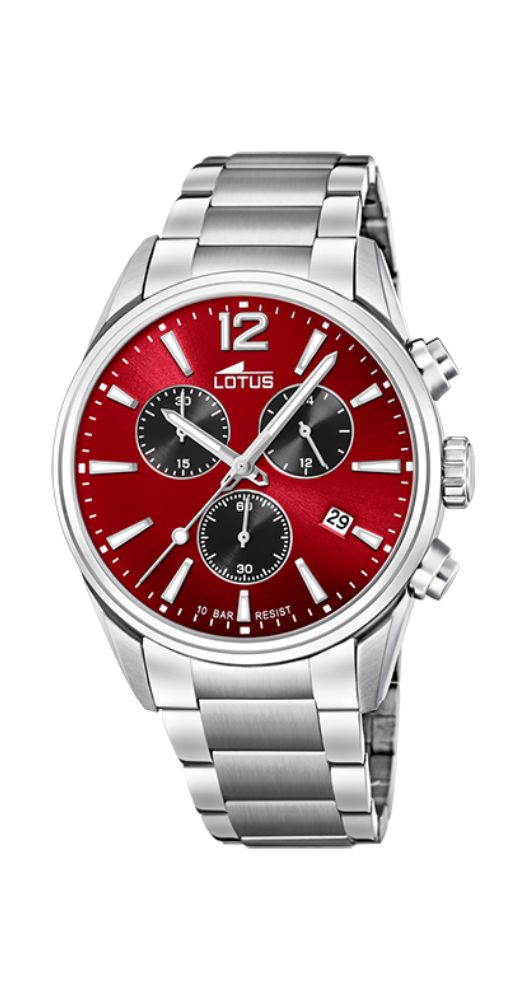 Reloj Lotus L18690/5 crono, para hombre, con esfera color cereza y detalles en negro. Caja y armis de acero inoxidable. Cierre con pulsadores. Calendario. Sumergible 100 metros. Garantía 2 años.
