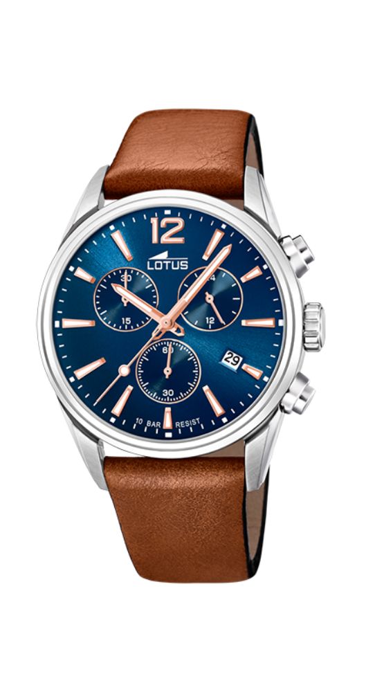 Reloj Lotus L18691/2 para hombre con CRONO, esfera azul y manillas e índices en cobrizo. Caja de acero inoxidable y correa de piel marrón lisa. Calendario. Sumergible 100 metros. Garantía de 2 años.