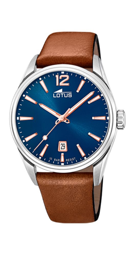 Reloj Lotus L18693/2 para hombre con esfera azul y números e índices cobrizos. Calendario. Caja de acero inox y correa de piel marrón lisa. Sumergible 100 metros. Garantía de 2 años.