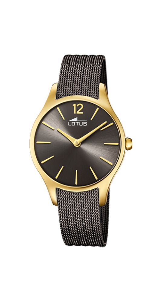 Reloj Lotus L18750/1 para mujer con esfera gris oscura y detalles dorados. Caja de PVD DORADO y armis de acero pavonado Dorado. Sumergible 50 metros. Garantía de 2 años.