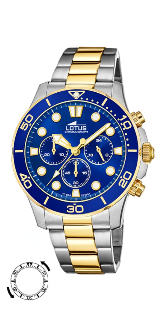 Reloj Lotus L18757-1 para hombre, con crono, esfera azul con índices luminiscentes, bisel azul, caja y armis de acero inoxidable bicolor con eslabones dorados. Cierre con pulsadores. Sumergible 100 metros. Garantía de 2 años.