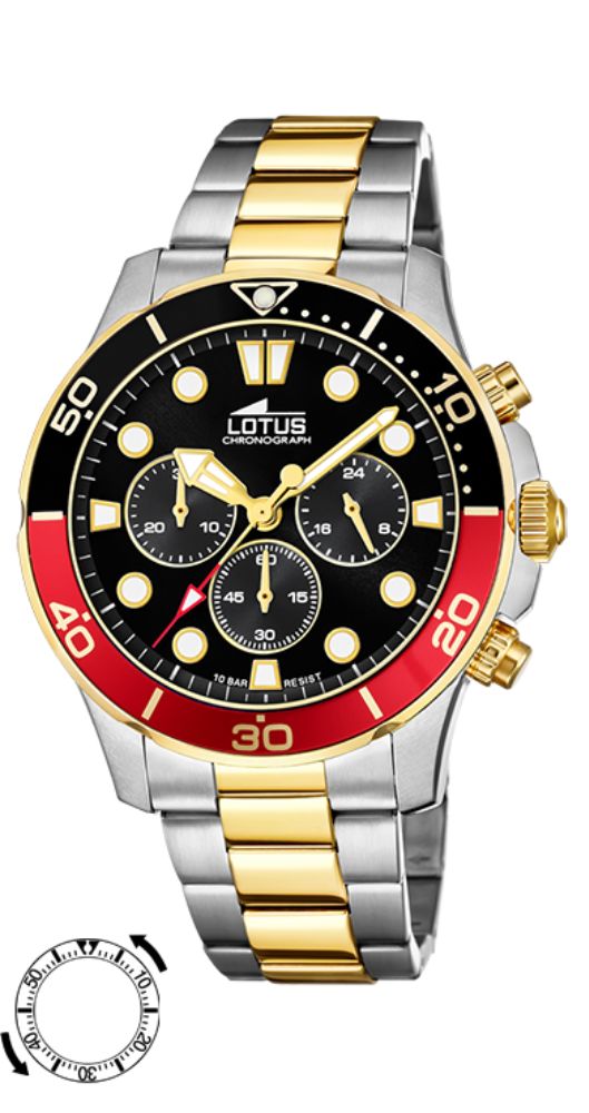 Reloj Lotus L18757/5 para hombre con crono. Esfera negra con detalles dorados e índices luminiscentes.Bisel negro y rojo. Caja y armis de acero inoxidable con eslabones de PVD dorado. Sumergible 100 metros. Garantía de dos años.