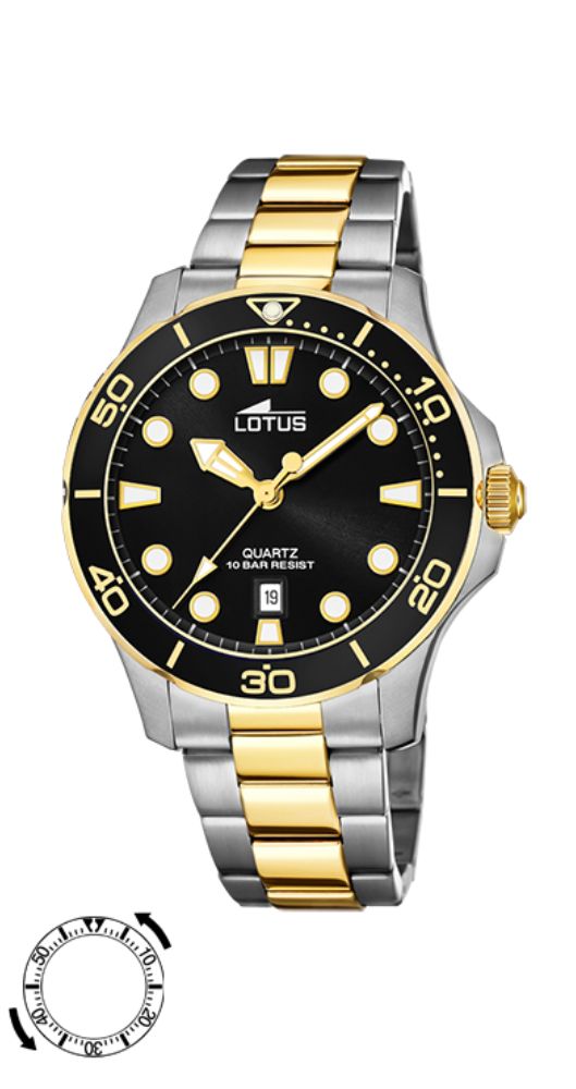 Reloj Lotus L18763/2 unisex con esfera negra e índices y manillas luminiscentes. Bisel negro. Caja y armis de acero inoxidable con eslabones de PVD dorados. Calendario. Sumergible 100 metros. Garantía de 2 años.