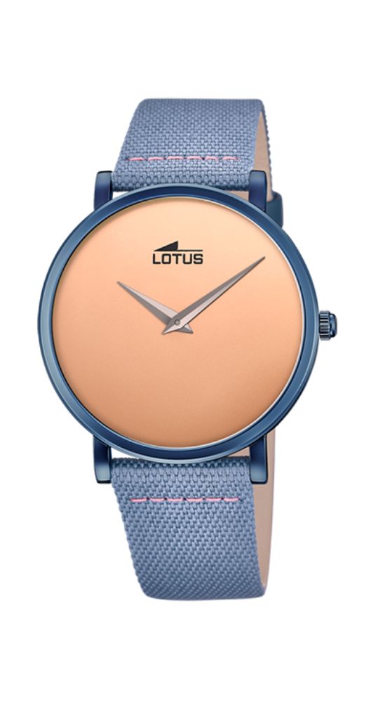 Reloj Lotus L18781/1 unisex con esfera cobriza con efecto espejo, caja de acero inoxidable pavonado azul y correa de piel azul vaquero y beige lisa. Garantía de 2 años.