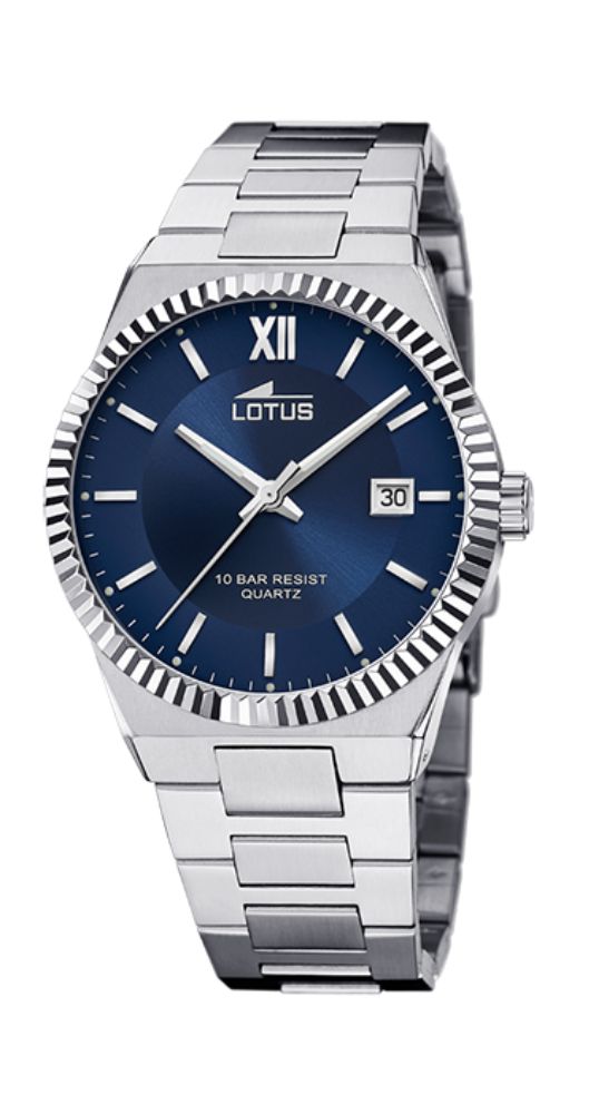 Reloj Lotus L18835/2 para hombre, con esfera azul marino, caja y armis de acero inoxidable, cierre con pulsadores, bisel lapidado, calendario, sumergible 100 metros y garantía de 2 años.