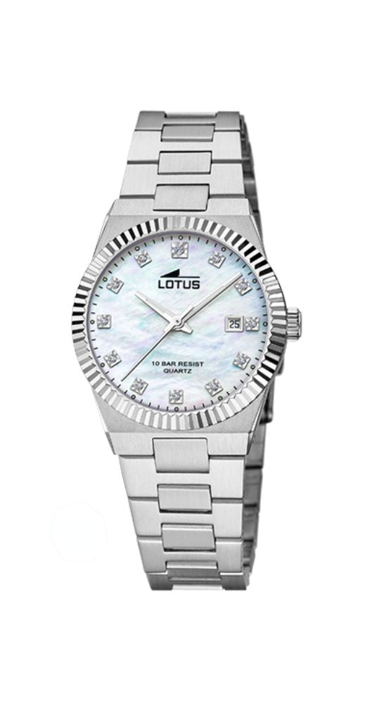 Reloj Lotus L18838/1 para mujer, con esfera nacarada e índices con circonitas, bisel lapidado, caja y armis de acero inoxidable, cierre con pulsadores, calendario y sumergible 100 metros. Garantía de 2 años.
