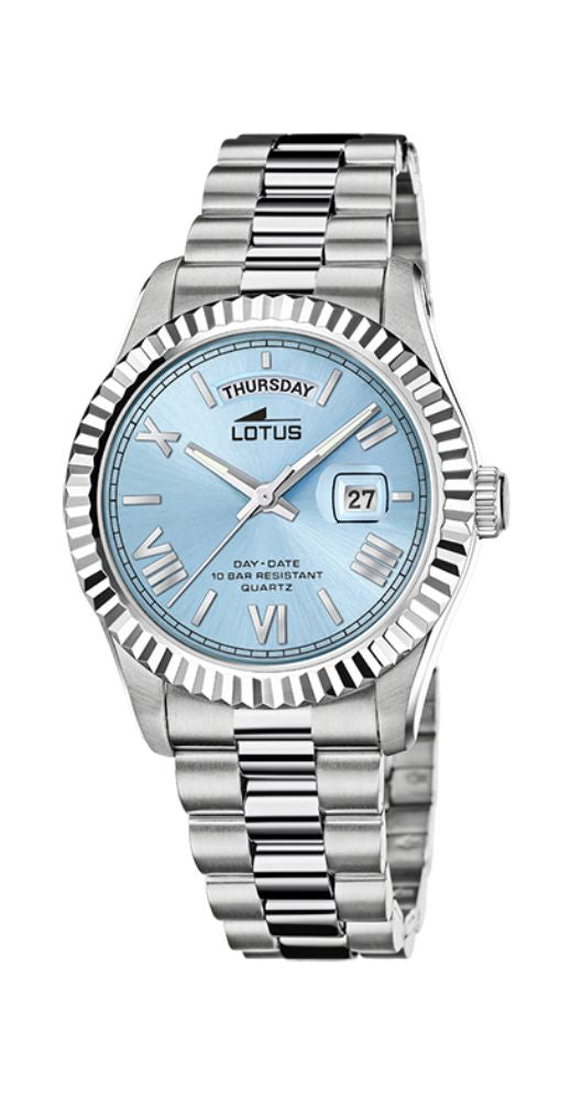 Reloj Lotus L18854/8 unisex, con esfera azul celeste, calendario para el día del mes y de la semana, bisel lapidado, caja y armis de acero inoxidable, cierre con pulsadores, sumergible 100 metros y garantía de 2 años.