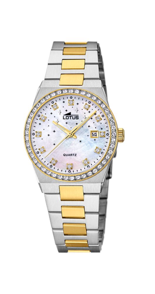 Reloj Lotus L18886/1 para mujer, esfera nacarada con circonitas y motivos que recuerdan a un CIELO ESTRELLADO. Bisel dorado con circonitas. Caja y armis de acero inox con eslabones DORADOS. Calendario y sumergible 100 metros. Cierre con pulsadores. Garantía de 2 años.
