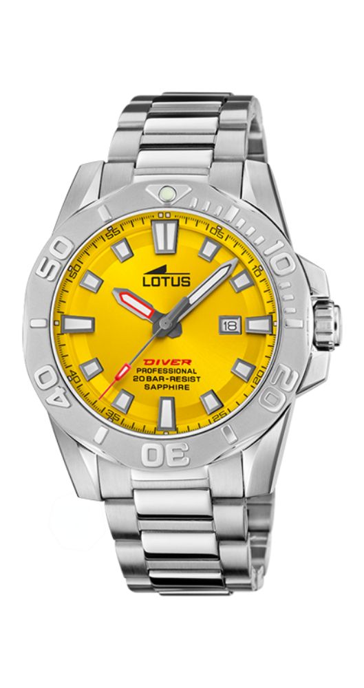 Reloj Lotus L18926/1 para hombre, con esfera amarilla, cristal zafiro irrayable, caja y armis de acero inoxidable. Calendario. Sumergible 200 metros. Corona a rosca. Garantía de 2 años.