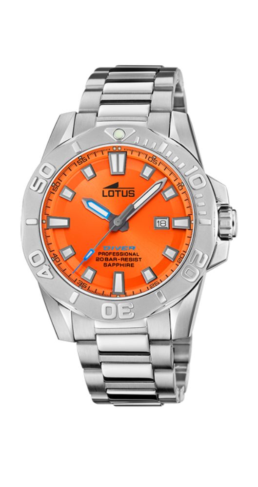 Reloj Lotus L18926/3 DIVERS especial para submarismo, con corona a rosca, sumergible 200 metros y esfera naranja muy visible a profundidad. Caja y armis de acero inox, cristal zafiro irrayable, con calendario y garantía de 2 años.