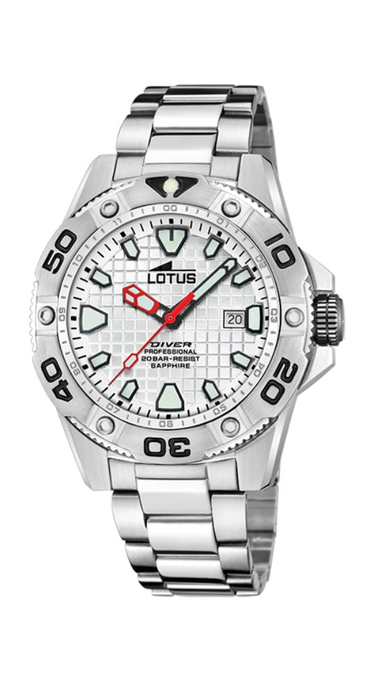 Reloj Lotus L18929/A DIVERS, para submarinismo, con esfera blanca, cristal zafiro, caja y armis de acero inoxidable, cierre con pulsadores, corona de rosa, con calendario y sumergible 200 metros. Garantía de 2 años.