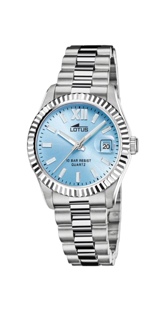 Reloj Lotus L18930-3 para mujer con esfera azul claro, caja y armis de acero inoxidable con cierre de pulsadores, bisel lapidado. Sumergible 100 metros y garantía de 2 años.