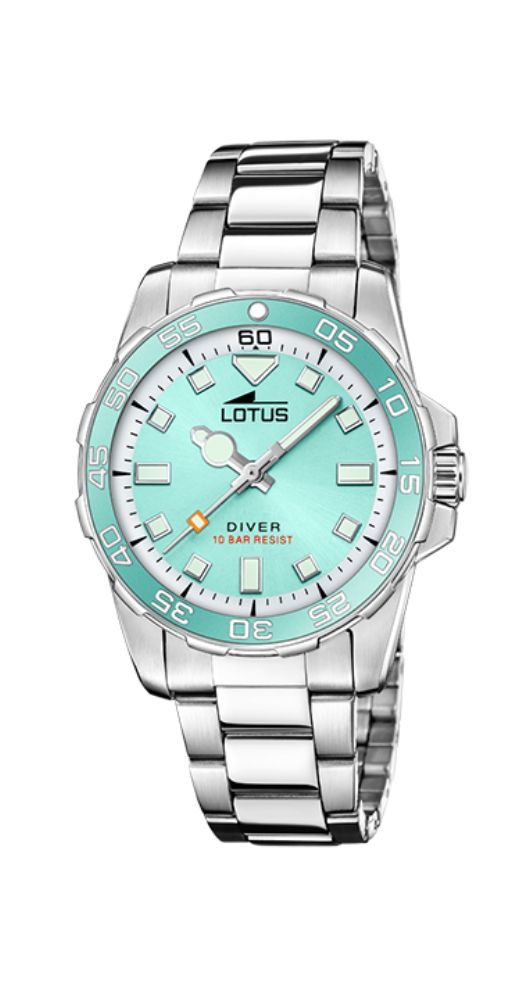 Reloj Lotus L18937/2 DIVERS, para mujer, con una línea muy deportiva y colores de actualidad. Analógico. Movimiento de cuarzo. Caja y armis de acero inoxidable. Cierre con pulsadores. Esfera verde agua. Manillas e índices luminiscentes. Sumergible 100 metros. Garantía de 2 años.