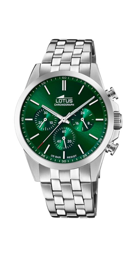 Reloj Lotus L18989/3 para hombre, con crono, esfera verde e índices plateados. Caja y armis de acero inox. Cronómetro. Sumergible 50 metros. Garantía de 2 años.