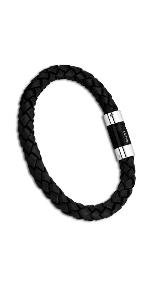Pulsera Lotus Style LS1519-2/2 para hombre de cuero trenzado negro y cierre de acero inoxidable pavonado negro con imán.