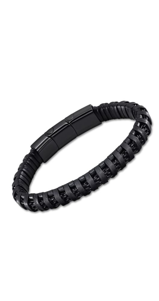 Pulsera Lotus Style LS2200-2/1 unisex de acero pavonado negro con cuero entrelazado, cierre con imanes.
