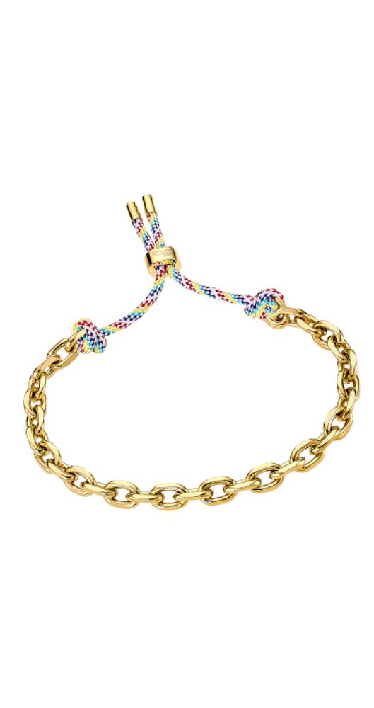 Pulsera Lotus Style LS2377-2/1 de acero inoxidable pavonado DORADO y cordones de perlé multicolor. Cadena tipo forsá gruesa.