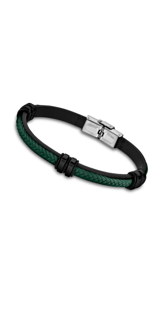 Pulsera Lotus Style LS1829-2/8 para hombre con cuero de color verde y negro, sujetas por piezas de acero inox pavonadas de color negro. Cierre de acero inox.