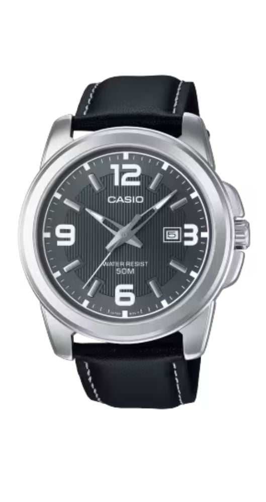 Reloj Casio Collection MTP-1314PL-8AVEF para hombre, con esfera negra y calendario. Caja metalizada, fondo de acero inox y correa de piel, sumergible 50 metros. Garantía de 2 años.