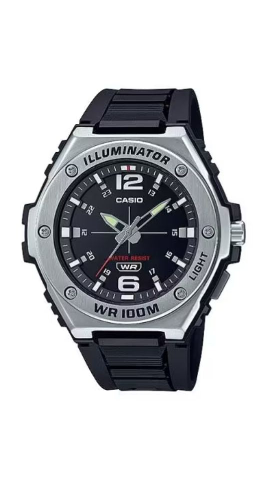 Reloj Casio Collection MWA-100H-1AVEF para hombre con LUZ, esfera negra con manillas luminiscentes. Caja de resina metalizada y correa de resina negra. Sumergible 100 metros. Garantía de 2 años.