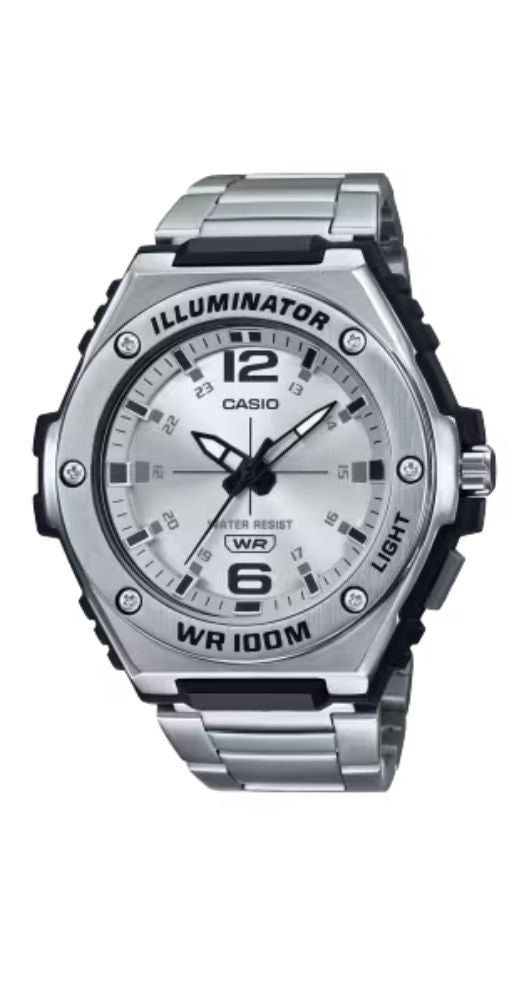 Reloj Casio Collection MWA-100HD-7AVEF con caja de resina y bisel metalizado, fondo y armis de acero inoxidable, cierre con pulsadores, esfera gris con manillas luminiscentes, LUZ, sumergible 100 metros y garantía de 2 años.