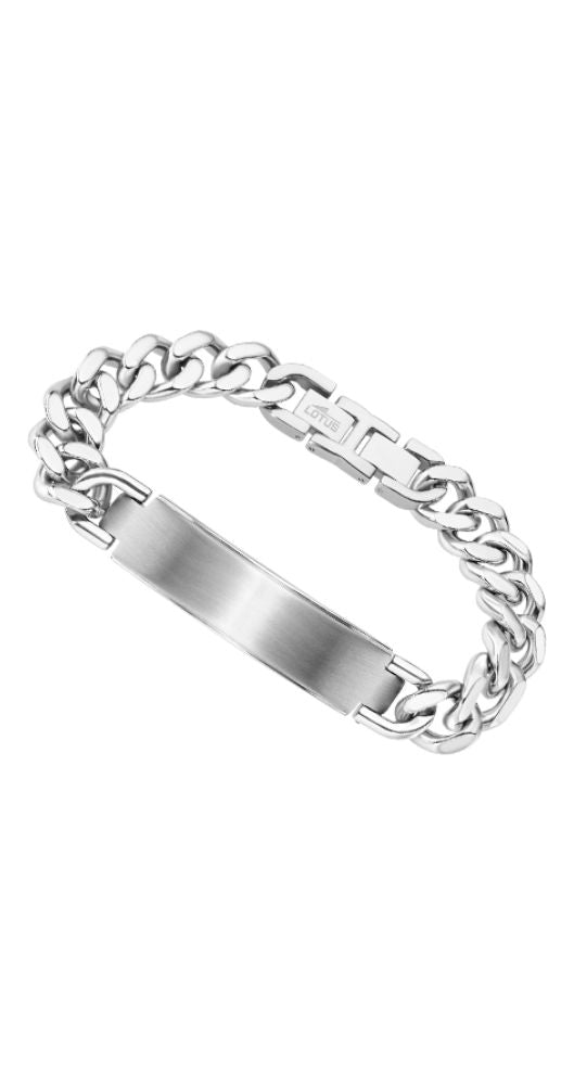 Pulsera Lotus Style LS1989-2-1 para hombre con chapa de identidad central ideal para personalizar. Cadena tipo barbada ancha con cierre de lengüeta. Todo realizado en acero inox.