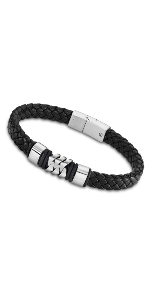Pulsera Lotus Style LS2104-2/1 para hombre, de cuero negro trenzado y motivos de acero inox. Cierre con imanes.