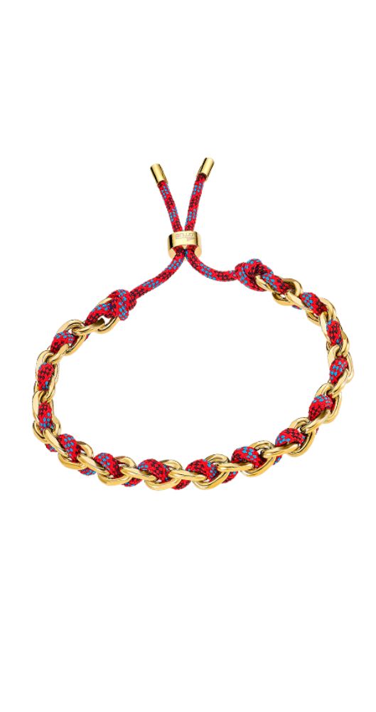 Pulsera Lotus Style LS2378-2/2, UNISEX, con cadena tipo forsá de acero inoxidable pavonada PVD DORADA entrelazada con cordón de perlé en colores rojo y azul. El conjunto termina con los cordones y un cierre regulable que permite ajustar el largo de la pulsera y para darle seguridad lleva topes de acero inoxidable pavonado en dorado.