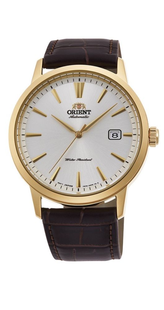 Reloj Orient RA-AC0F04S10B automático con caja de acero inox chapada y correa de piel marrón labrada. Esfera blanca con índices y manillas dobladas. Calendario. Garantía de 2 años.