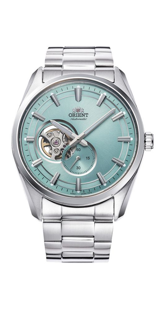 Reloj Orient RA-AR0009L10B para hombre con esfera verda agua, cristal zafiro, SEMISKELETON, sumergible 50 metros, caja y armis de acero inoxidable, cierre con pulsadores, garantía de 2 años