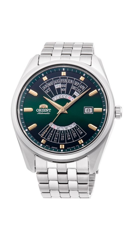 Reloj Orient RA-BA0002E10B automático, Calendario MULTIYEAR, caja y armis de acero inox, cierre con pulsadores, cristal mineral, esfera verde en degradé con negro, sumergible 50 metros y garantía de 2 años.