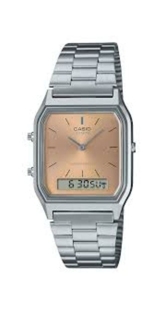 Reloj Casio Collection AQ-230A-4AMQYES, UNISEX, ana-digi, con caja de resina y armis de acero inox, cierre regulable, esfera color salmón, crono, alarma, calendario y doble horario. Garantía de 2 años.