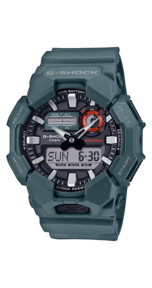 Reloj Casio G-SHOCK GA-010-2AER con caja de fibra de carbono y correa de resina azul grisáceo. Crono-alarma. Cuenta atrás. Calendario. 12/24 horas. Sumergible 200 m. Garantía 2 años. Batería 10 años.